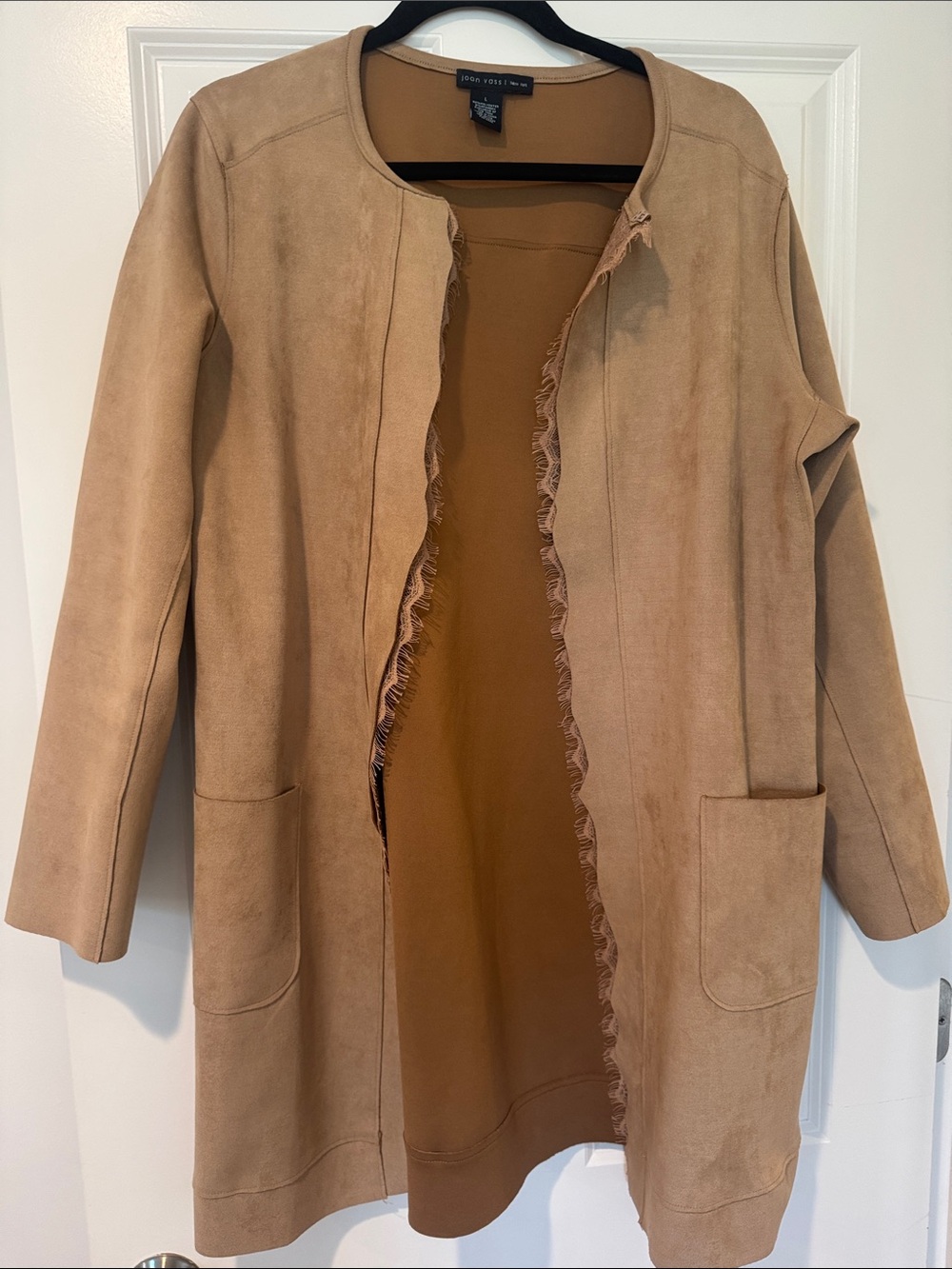 Joan Vass Camel Fringe-Trim Open Front Trench Coat
